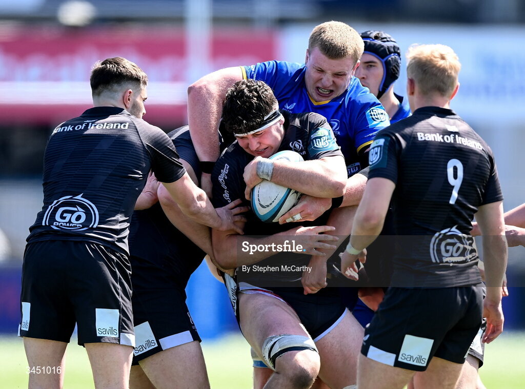 9 May 2026; James McKillop of Ulster is tackled by Conor O’Tighearnaigh of Leinster during the IRFU Interprovincial A Championship match between Leinster A and Ulster A at Energia Park in Dublin. Photo by Stephen McCarthy/Sportsfile