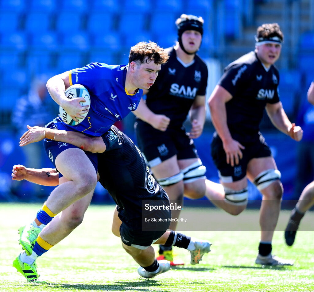 9 May 2026; Jack Deegan of Leinster is tackled by Aitzol Arenzana-King of Ulster during the IRFU Interprovincial A Championship match between Leinster A and Ulster A at Energia Park in Dublin. Photo by Stephen McCarthy/Sportsfile