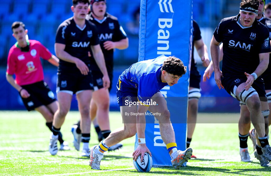 9 May 2026; Cormac Foley of Leinster scores his side's eighth try during the IRFU Interprovincial A Championship match between Leinster A and Ulster A at Energia Park in Dublin. Photo by Stephen McCarthy/Sportsfile