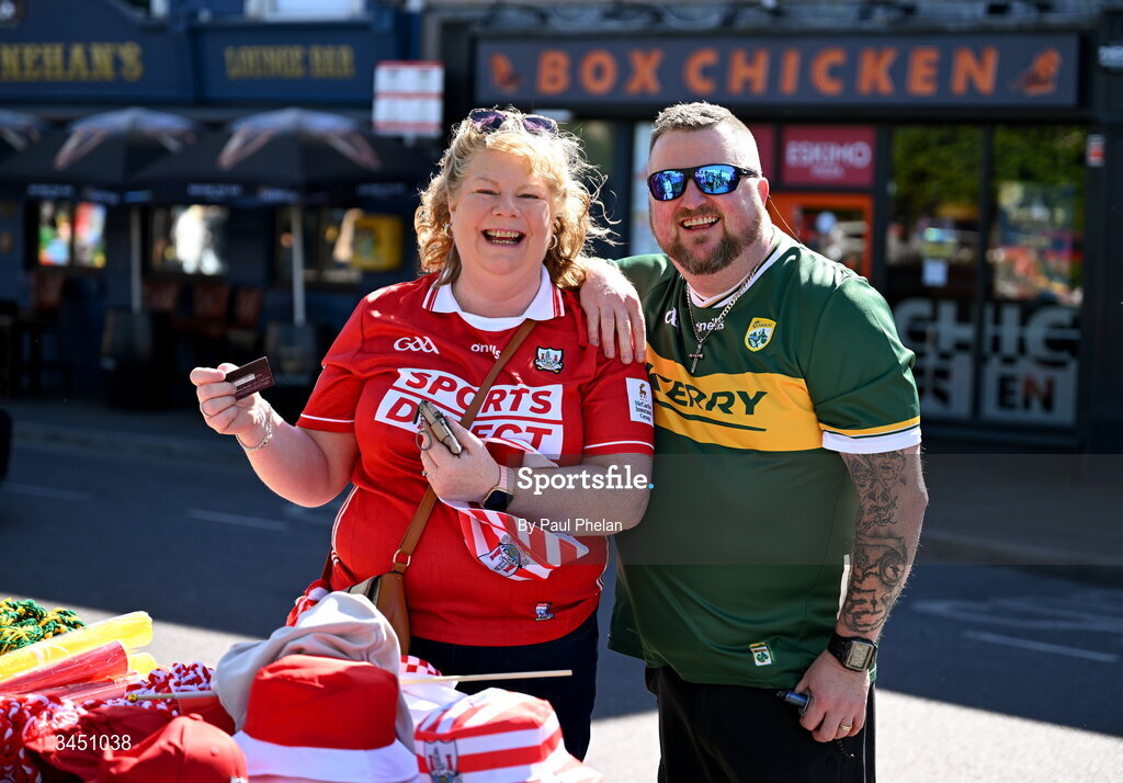 10 May 2026; Cork supporter Eilish O'Connor and her husband, Kerry supporter Pat O'Connor, before the Munster GAA Football Senior Championship final match between Kerry and Cork at Fitzgerald Stadium in Killarney, Kerry. Photo by Paul Phelan/Sportsfile