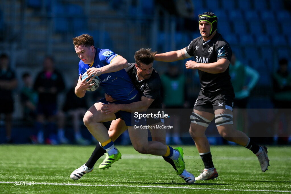 9 May 2026; Jack Deegan of Leinster is tackled by Bevan Prinsloo of Ulster during the IRFU Interprovincial A Championship match between Leinster A and Ulster A at Energia Park in Dublin. Photo by Stephen McCarthy/Sportsfile