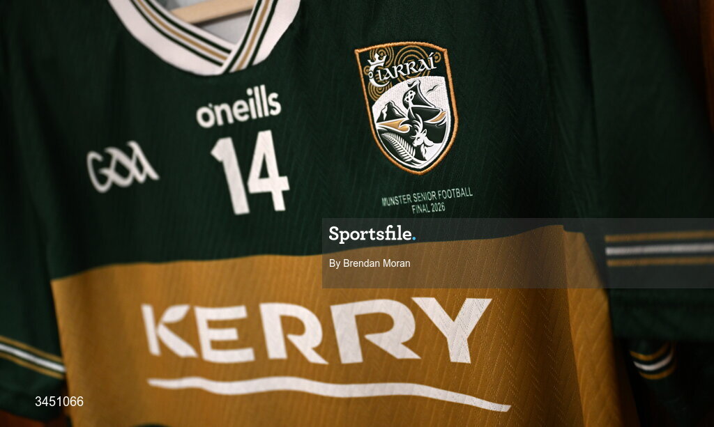 10 May 2026; The jersey of captain Paul Geaney in the Kerry dressingroom before the Munster GAA Football Senior Championship final match between Kerry and Cork at Fitzgerald Stadium in Killarney, Kerry. Photo by Brendan Moran/Sportsfile