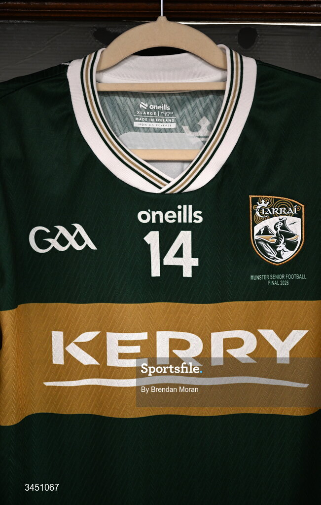 10 May 2026; The jersey of captain Paul Geaney in the Kerry dressingroom before the Munster GAA Football Senior Championship final match between Kerry and Cork at Fitzgerald Stadium in Killarney, Kerry. Photo by Brendan Moran/Sportsfile