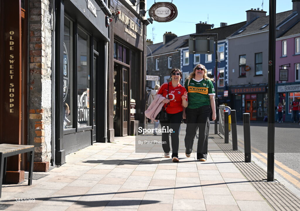 10 May 2026; Cork supporter Katie Kelly and Kerry supporter Sinead O'Dwyer before the Munster GAA Football Senior Championship final match between Kerry and Cork at Fitzgerald Stadium in Killarney, Kerry. Photo by Paul Phelan/Sportsfile