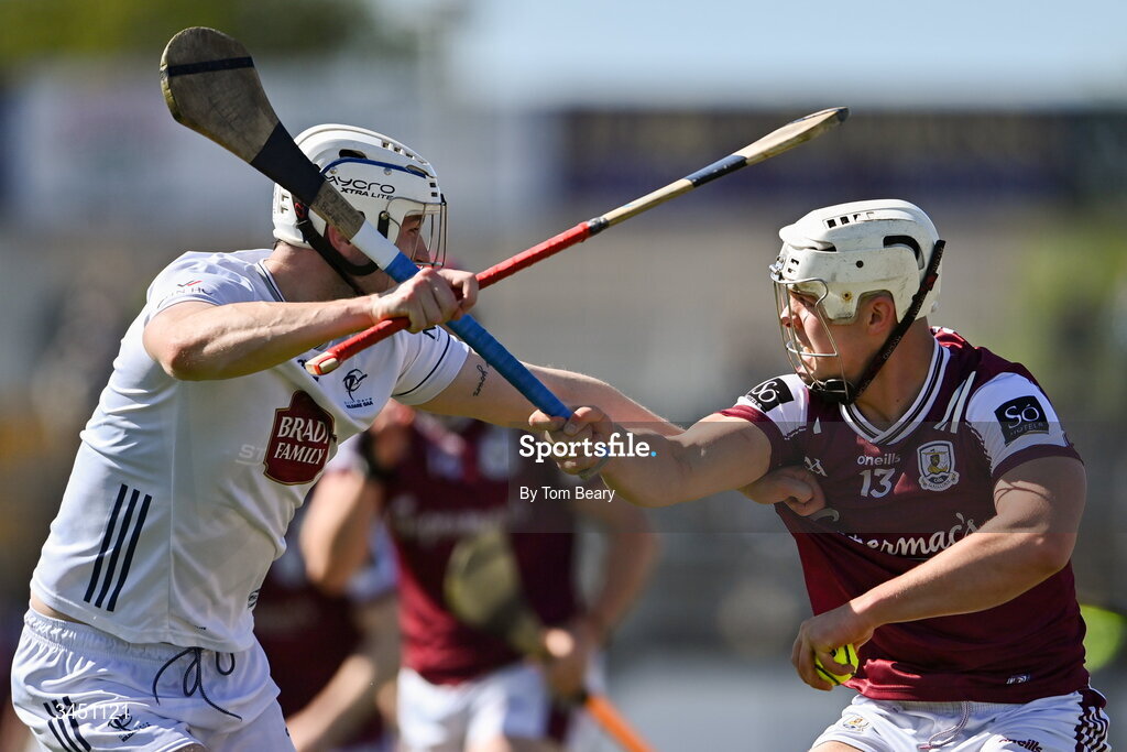 9 May 2026; Rory Burke of Galway is tackled by Richie Hogan of Kildare during the Leinster GAA Senior Hurling Championship round 3 match between Kildare and Galway at Cedral St Conleth's Park in Newbridge, Kildare. Photo by Tom Beary/Sportsfile