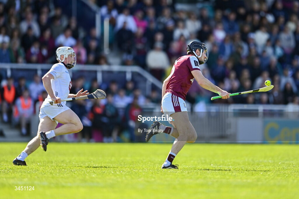 9 May 2026; Padraic Mannion of Galway races clear of Darragh Melvill of Kildare during the Leinster GAA Senior Hurling Championship round 3 match between Kildare and Galway at Cedral St Conleth's Park in Newbridge, Kildare. Photo by Tom Beary/Sportsfile