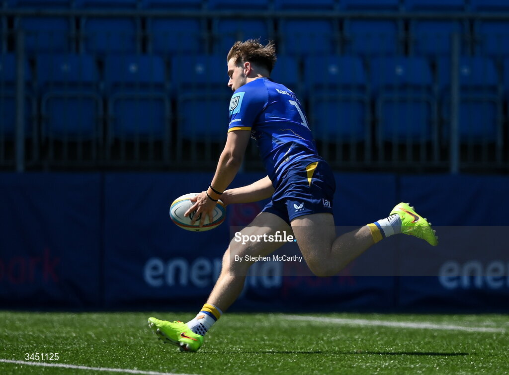 9 May 2026; Hugo McLaughlin of Leinster on his way to scoring his side's second try during the IRFU Interprovincial A Championship match between Leinster A and Ulster A at Energia Park in Dublin. Photo by Stephen McCarthy/Sportsfile