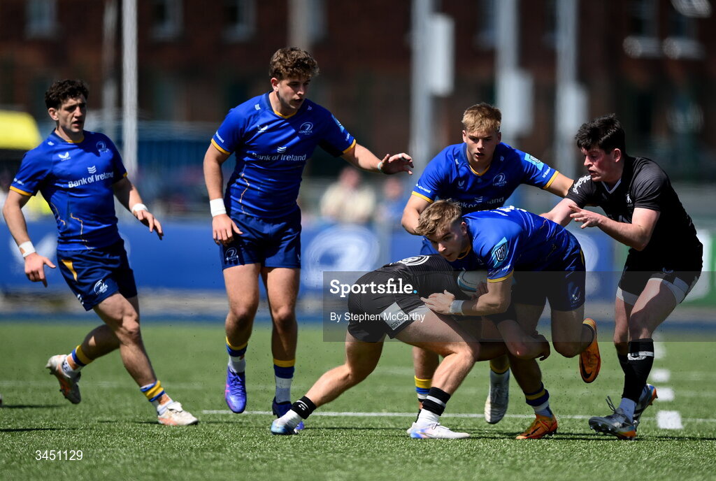 9 May 2026; Jonny O’Sullivan of Leinster is tackled by Clark Logan of Ulster during the IRFU Interprovincial A Championship match between Leinster A and Ulster A at Energia Park in Dublin. Photo by Stephen McCarthy/Sportsfile