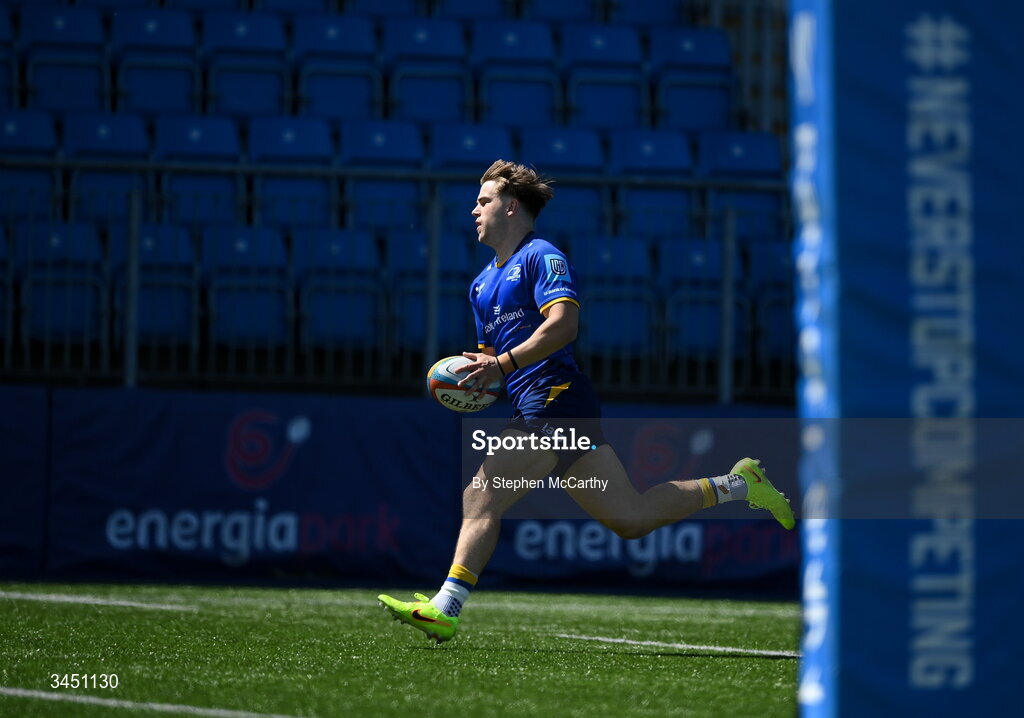 9 May 2026; Hugo McLaughlin of Leinster on his way to scoring his side's second try during the IRFU Interprovincial A Championship match between Leinster A and Ulster A at Energia Park in Dublin. Photo by Stephen McCarthy/Sportsfile