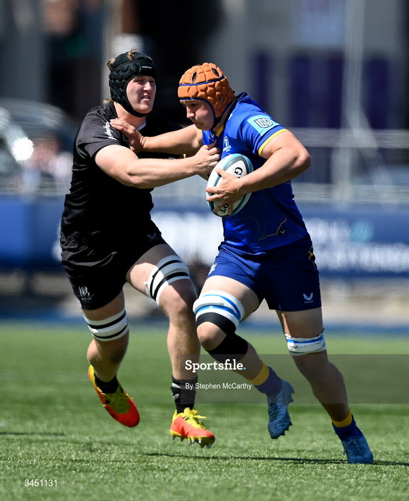 9 May 2026; Josh Ericson of Leinster is tackled by Paddy Woods of Ulster during the IRFU Interprovincial A Championship match between Leinster A and Ulster A at Energia Park in Dublin. Photo by Stephen McCarthy/Sportsfile