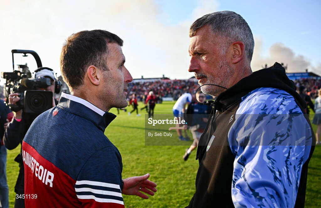 9 May 2026; Cork manager Ben O'Connor, left, and Waterford manager Peter Queally shake hands after the Munster GAA Senior Hurling Championship Round 3 match between Waterford and Cork at Azzurri Walsh Park in Waterford. Photo by Seb Daly/Sportsfile