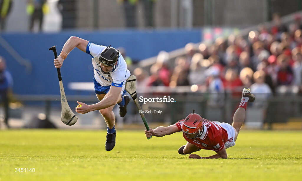 9 May 2026; Jamie Barron of Waterford is tackled by Hugh O’Connor of Cork during the Munster GAA Senior Hurling Championship Round 3 match between Waterford and Cork at Azzurri Walsh Park in Waterford. Photo by Seb Daly/Sportsfile