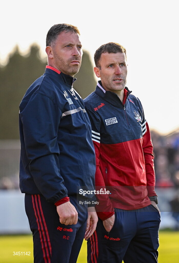 9 May 2026; Cork manager Ben O'Connor, right, and selector Ronan Curran during the Munster GAA Senior Hurling Championship Round 3 match between Waterford and Cork at Azzurri Walsh Park in Waterford. Photo by Seb Daly/Sportsfile