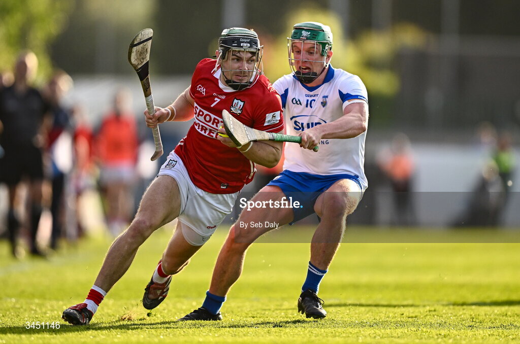 9 May 2026; Mark Coleman of Cork in action against Jack Prendergast of Waterford during the Munster GAA Senior Hurling Championship Round 3 match between Waterford and Cork at Azzurri Walsh Park in Waterford. Photo by Seb Daly/Sportsfile
