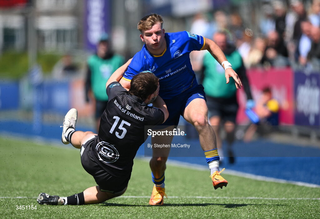 9 May 2026; Jonny O’Sullivan of Leinster is tackled by Bradley McNamara of Ulster during the IRFU Interprovincial A Championship match between Leinster A and Ulster A at Energia Park in Dublin. Photo by Stephen McCarthy/Sportsfile