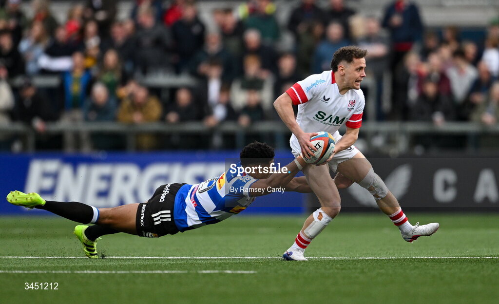 8 May 2026; Michael Lowry of Ulster is tackled by Sacha Feinberg-Mngomezulu of DHL Stormers during the United Rugby Championship match between Ulster and DHL Stormers at Affidea Stadium in Belfast. Photo by Ramsey Cardy/Sportsfile