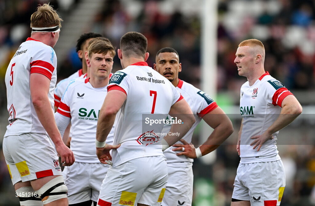 8 May 2026; Ulster players, including Jake Flannery, Juarno Augustus and Nathan Doak during the United Rugby Championship match between Ulster and DHL Stormers at Affidea Stadium in Belfast. Photo by Ramsey Cardy/Sportsfile