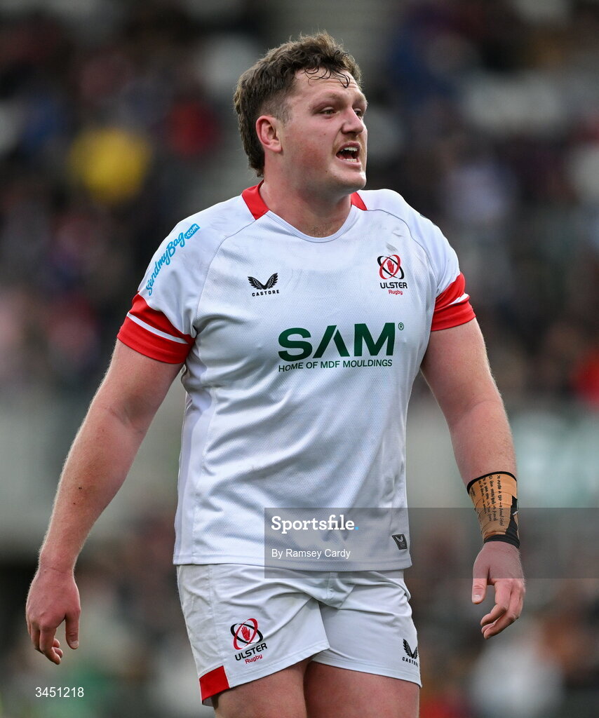 8 May 2026; Angus Bell of Ulster during the United Rugby Championship match between Ulster and DHL Stormers at Affidea Stadium in Belfast. Photo by Ramsey Cardy/Sportsfile