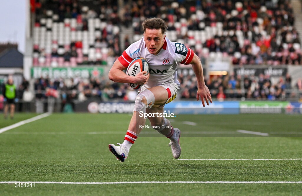 8 May 2026; Michael Lowry of Ulster scores his side's fourth try during the United Rugby Championship match between Ulster and DHL Stormers at Affidea Stadium in Belfast. Photo by Ramsey Cardy/Sportsfile