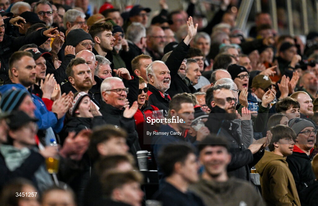 8 May 2026; Ulster supporters during the United Rugby Championship match between Ulster and DHL Stormers at Affidea Stadium in Belfast. Photo by Ramsey Cardy/Sportsfile