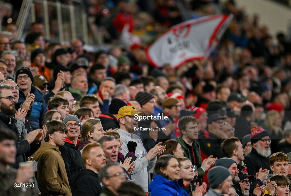 8 May 2026; Ulster supporters during the United Rugby Championship match between Ulster and DHL Stormers at Affidea Stadium in Belfast. Photo by Ramsey Cardy/Sportsfile