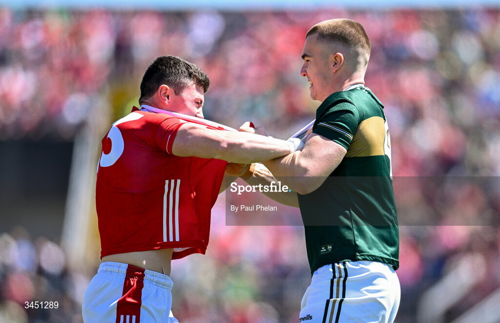 10 May 2026; Mark Cronin of Cork tussles with Dylan Casey of Kerry during the Munster GAA Football Senior Championship final match between Kerry and Cork at Fitzgerald Stadium in Killarney, Kerry. Photo by Paul Phelan/Sportsfile