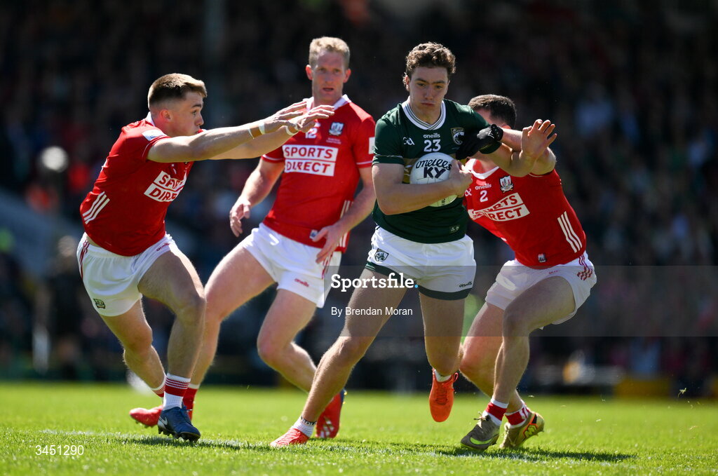 10 May 2026; Tomás Kennedy of Kerry in action against Tommy Walsh, Ruaíri Deane and Maurice Shanley of Cork during the Munster GAA Football Senior Championship final match between Kerry and Cork at Fitzgerald Stadium in Killarney, Kerry. Photo by Brendan Moran/Sportsfile