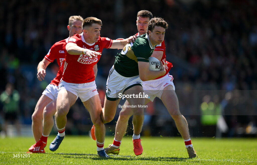 10 May 2026; Tomás Kennedy of Kerry in action against Tommy Walsh, Ruaíri Deane and Maurice Shanley of Cork during the Munster GAA Football Senior Championship final match between Kerry and Cork at Fitzgerald Stadium in Killarney, Kerry. Photo by Brendan Moran/Sportsfile