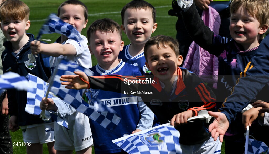 10 May 2026; Members of the Under seven O'Dempsey's GAA team welcome the Laois players as they run out for the Táilteann Cup round 1 match between Laois and Wicklow at Laois Hire O'Moore Park in Portlaoise, Laois. Photo by Ray McManus/Sportsfile