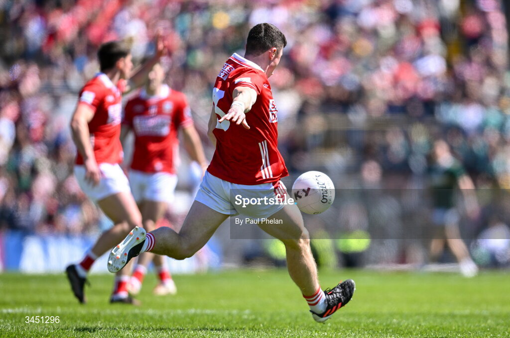 10 May 2026; Mark Cronin of Cork scores a two pointer during the Munster GAA Football Senior Championship final match between Kerry and Cork at Fitzgerald Stadium in Killarney, Kerry. Photo by Paul Phelan/Sportsfile