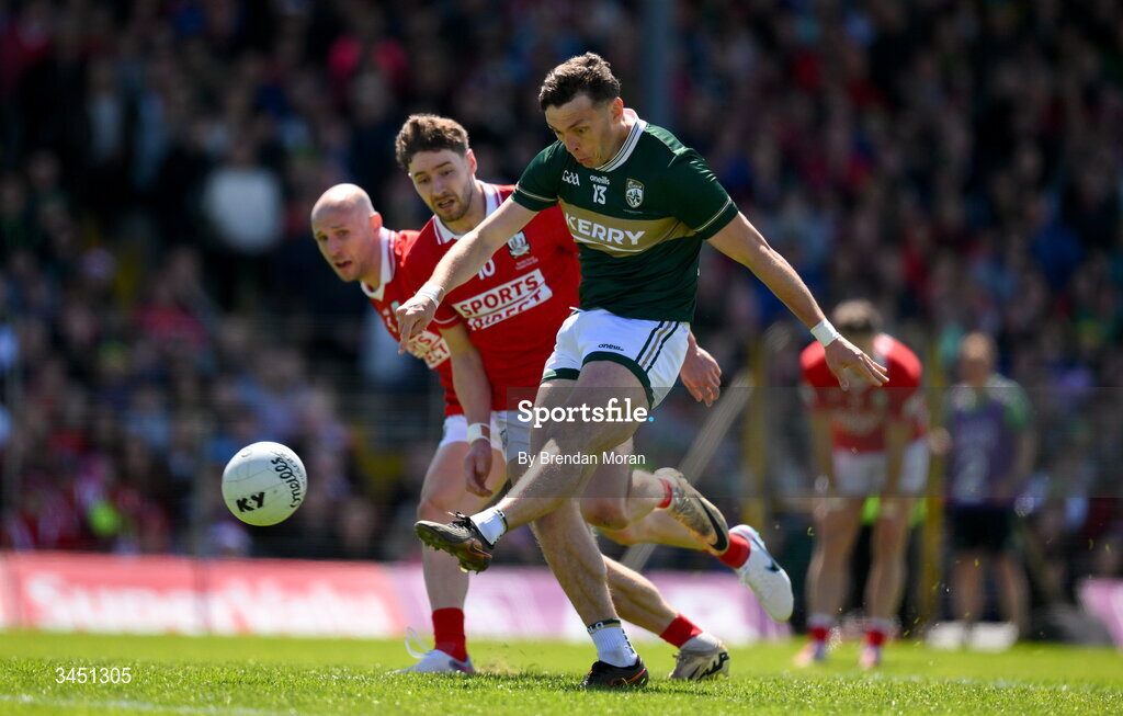 10 May 2026; David Clifford of Kerry has a shot on goal watched by Brian O’Driscoll and Paul Walsh of Cork during the Munster GAA Football Senior Championship final match between Kerry and Cork at Fitzgerald Stadium in Killarney, Kerry. Photo by Brendan Moran/Sportsfile