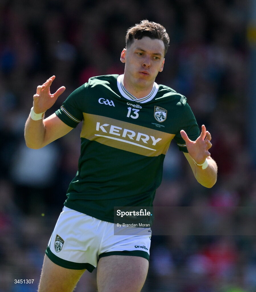 10 May 2026; David Clifford of Kerry reacts during the Munster GAA Football Senior Championship final match between Kerry and Cork at Fitzgerald Stadium in Killarney, Kerry. Photo by Brendan Moran/Sportsfile