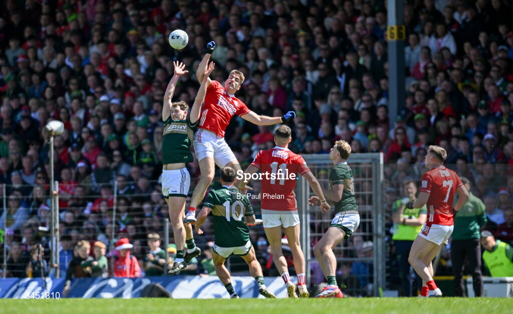 10 May 2026; Seán O'Brien of Kerry and Ian Maguire of Cork compete for a high ball during the Munster GAA Football Senior Championship final match between Kerry and Cork at Fitzgerald Stadium in Killarney, Kerry. Photo by Paul Phelan/Sportsfile