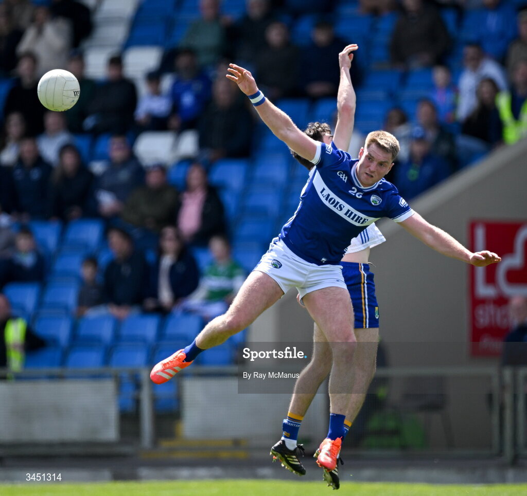 10 May 2026; Robert Tyrrell of Laois in action against Cathal Baker of Wicklow during the Táilteann Cup round 1 match between Laois and Wicklow at Laois Hire O'Moore Park in Portlaoise, Laois. Photo by Ray McManus/Sportsfile