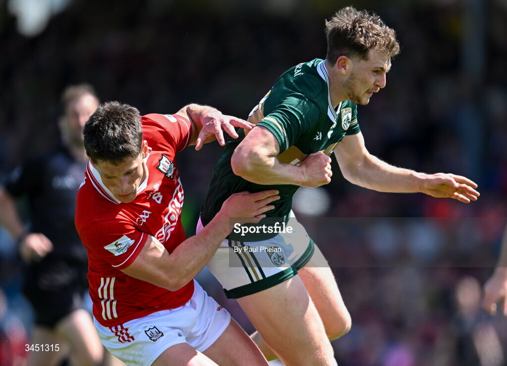 10 May 2026; Colm O’Callaghan of Cork and Seán O'Brien of Kerry collide during the Munster GAA Football Senior Championship final match between Kerry and Cork at Fitzgerald Stadium in Killarney, Kerry. Photo by Paul Phelan/Sportsfile