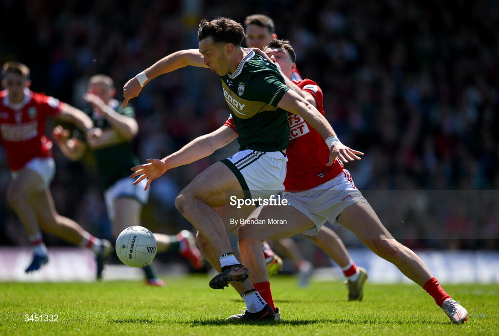 10 May 2026; David Clifford of Kerry has a shot on goal as he is tackled by Daniel O’Mahony of Cork during the Munster GAA Football Senior Championship final match between Kerry and Cork at Fitzgerald Stadium in Killarney, Kerry. Photo by Brendan Moran/Sportsfile