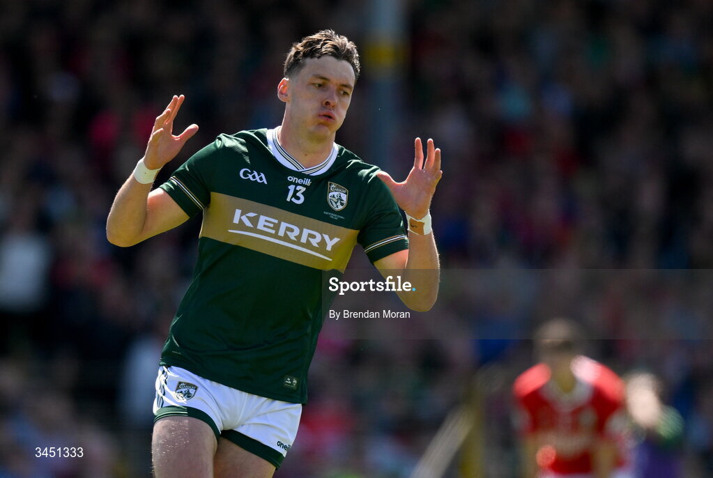 10 May 2026; David Clifford of Kerry reacts during the Munster GAA Football Senior Championship final match between Kerry and Cork at Fitzgerald Stadium in Killarney, Kerry. Photo by Brendan Moran/Sportsfile
