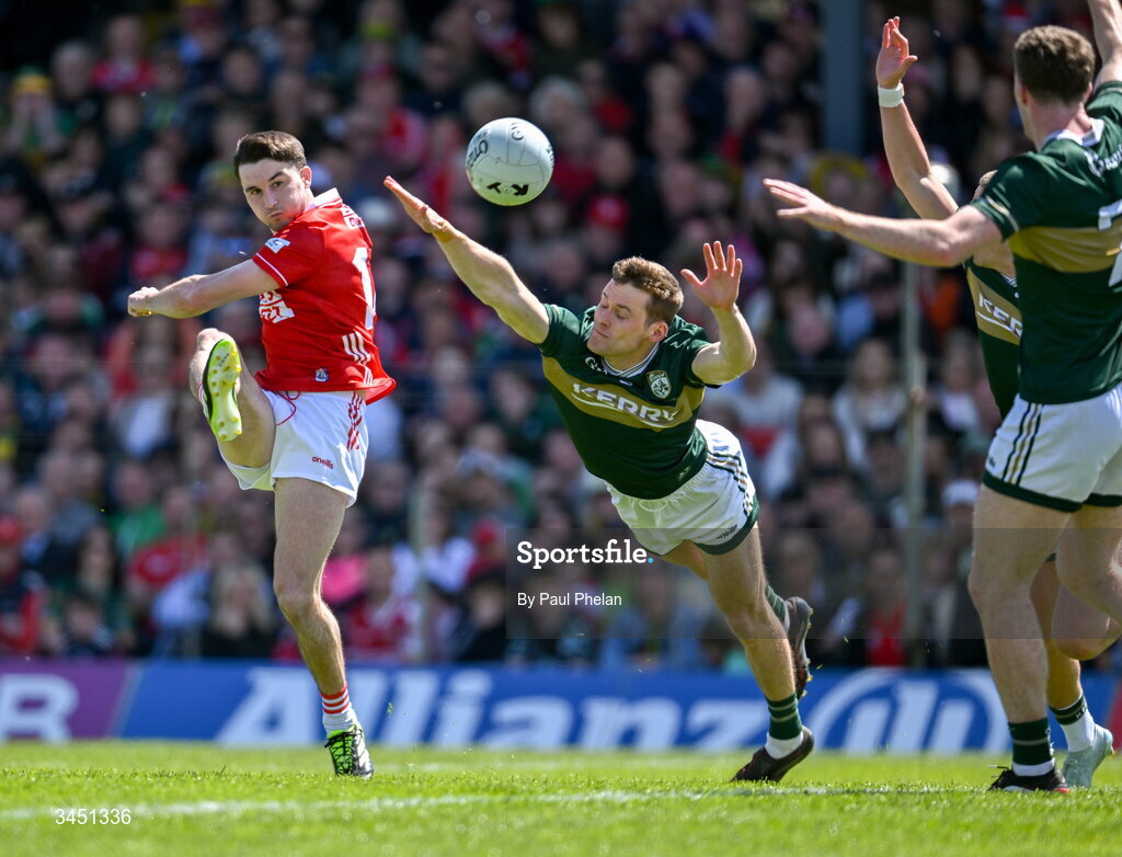 10 May 2026; Chris Óg Jones of Cork shoots on goal despite the efforts of Gavin White of Kerry during the Munster GAA Football Senior Championship final match between Kerry and Cork at Fitzgerald Stadium in Killarney, Kerry. Photo by Paul Phelan/Sportsfile