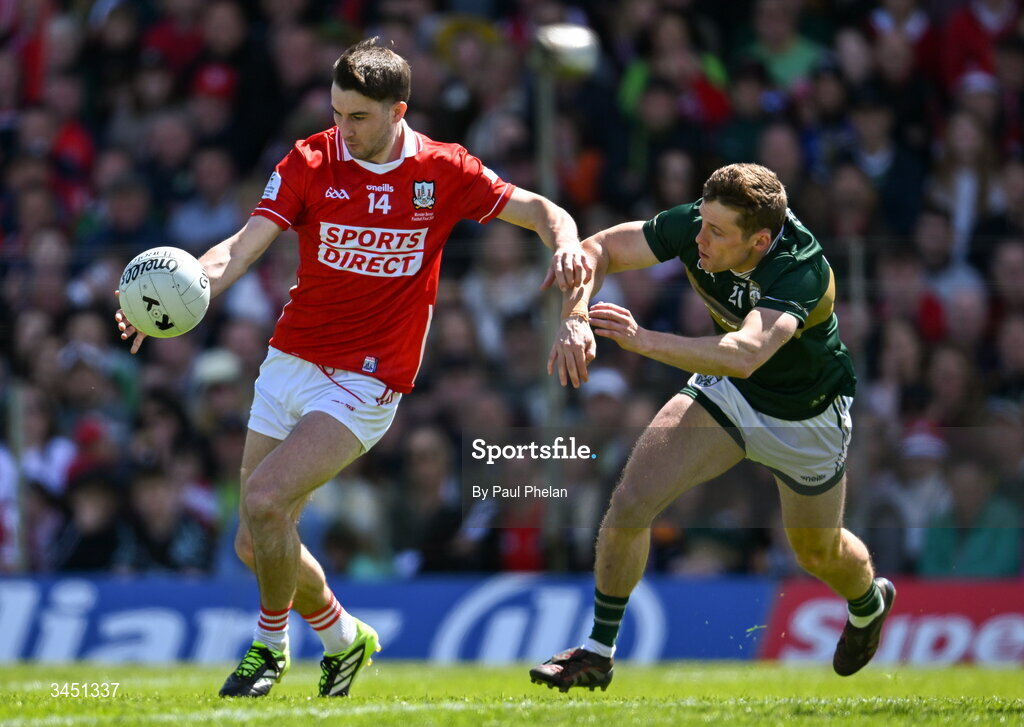 10 May 2026; Chris Óg Jones of Cork in action against Gavin White of Kerry during the Munster GAA Football Senior Championship final match between Kerry and Cork at Fitzgerald Stadium in Killarney, Kerry. Photo by Paul Phelan/Sportsfile