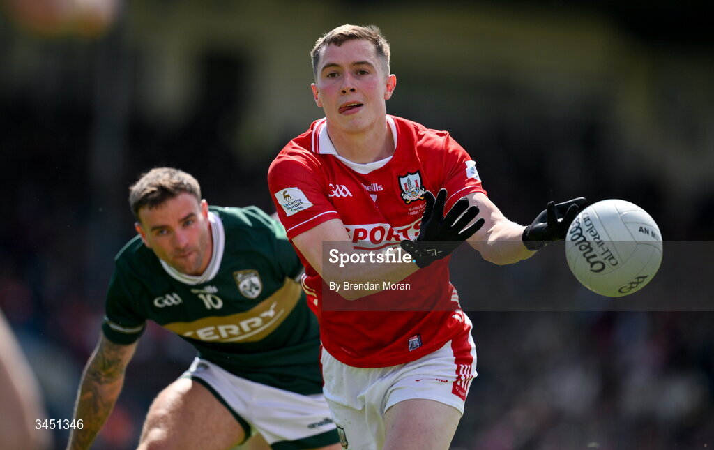 10 May 2026; Luke Fahy of Cork in action against Micheál Burns of Kerry during the Munster GAA Football Senior Championship final match between Kerry and Cork at Fitzgerald Stadium in Killarney, Kerry. Photo by Brendan Moran/Sportsfile