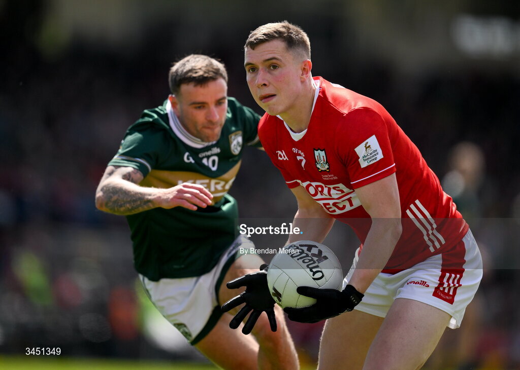 10 May 2026; Luke Fahy of Cork in action against Micheál Burns of Kerry during the Munster GAA Football Senior Championship final match between Kerry and Cork at Fitzgerald Stadium in Killarney, Kerry. Photo by Brendan Moran/Sportsfile