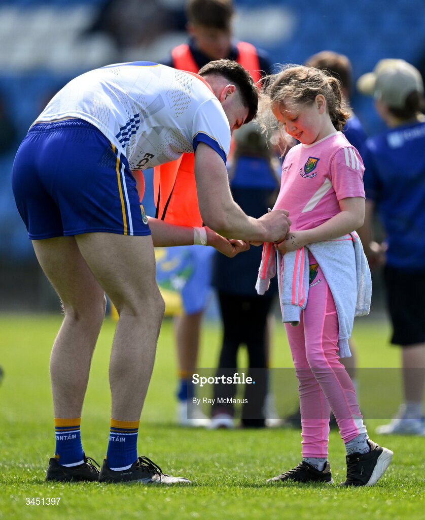 10 May 2026; Jack Kirwan of Wicklow signs autographs during half time of the Táilteann Cup round 1 match between Laois and Wicklow at Laois Hire O'Moore Park in Portlaoise, Laois. Photo by Ray McManus/Sportsfile