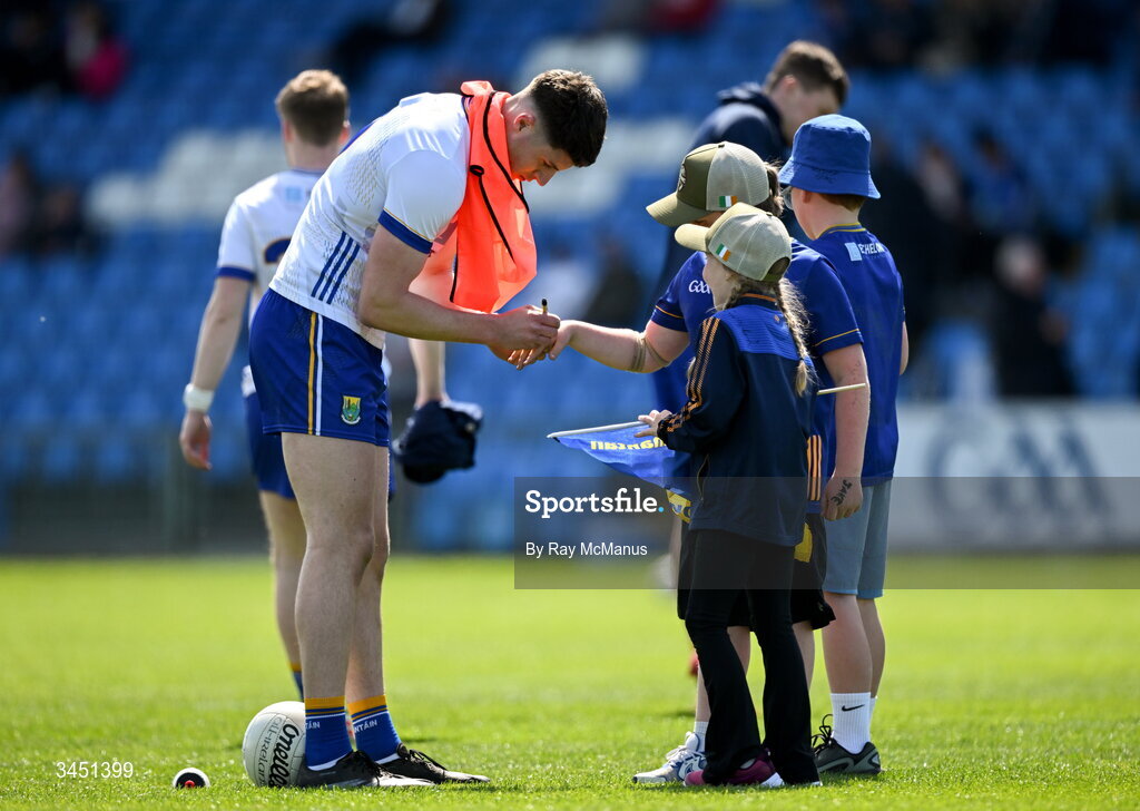 10 May 2026; Jack Kirwan of Wicklow signs autographs during half time of the Táilteann Cup round 1 match between Laois and Wicklow at Laois Hire O'Moore Park in Portlaoise, Laois. Photo by Ray McManus/Sportsfile