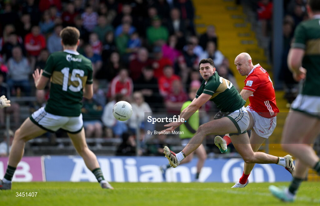 10 May 2026; Brian O’Driscoll of Cork scores his side's first goal during the Munster GAA Football Senior Championship final match between Kerry and Cork at Fitzgerald Stadium in Killarney, Kerry. Photo by Brendan Moran/Sportsfile