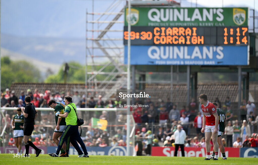 10 May 2026; Mike Breen of Kerry leaves the pitch with an injury after Cork scored their first goal during the Munster GAA Football Senior Championship final match between Kerry and Cork at Fitzgerald Stadium in Killarney, Kerry. Photo by Brendan Moran/Sportsfile