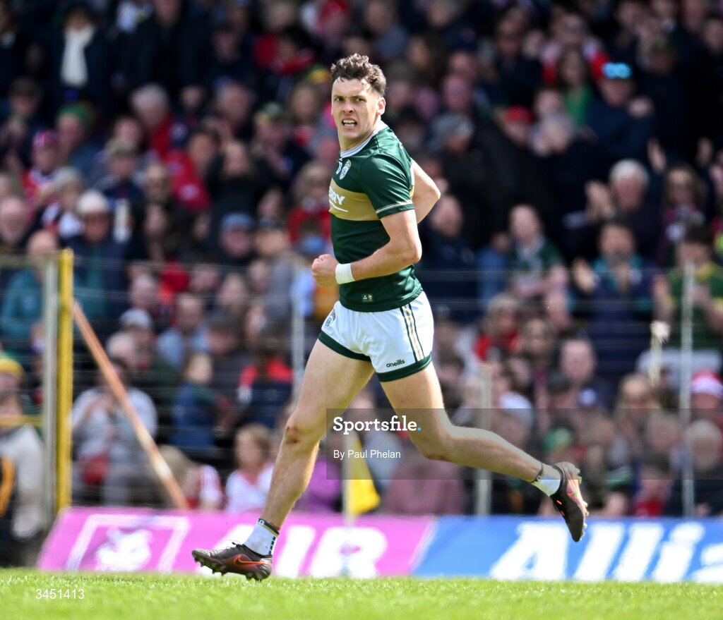 10 May 2026; David Clifford of Kerry celebrates scoring a goal during the Munster GAA Football Senior Championship final match between Kerry and Cork at Fitzgerald Stadium in Killarney, Kerry. Photo by Paul Phelan/Sportsfile