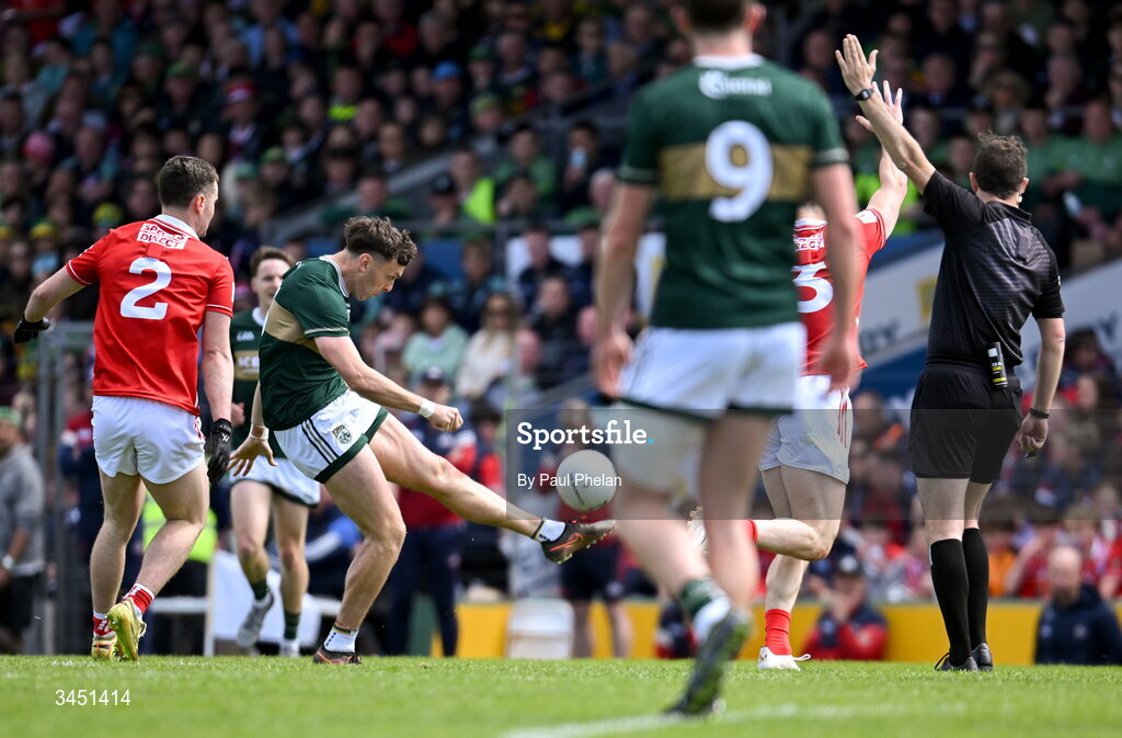 10 May 2026; David Clifford of Kerry scores a two pointer during the Munster GAA Football Senior Championship final match between Kerry and Cork at Fitzgerald Stadium in Killarney, Kerry. Photo by Paul Phelan/Sportsfile