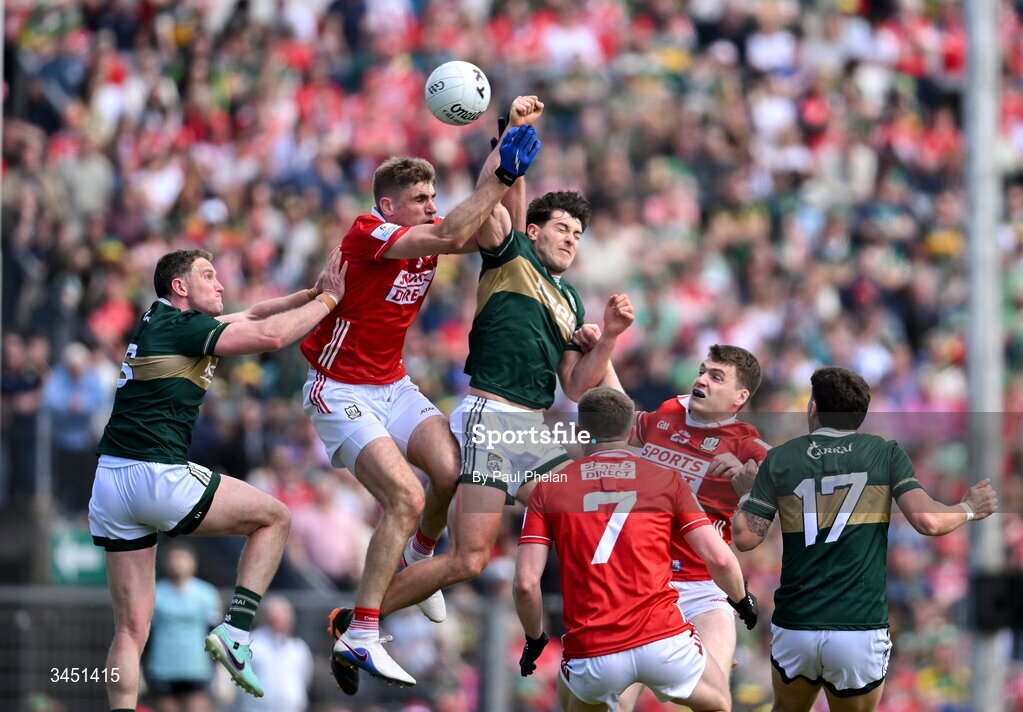 10 May 2026; Ian Maguire of Cork and Mike Breen of Kerry compete for a high ball during the Munster GAA Football Senior Championship final match between Kerry and Cork at Fitzgerald Stadium in Killarney, Kerry. Photo by Paul Phelan/Sportsfile