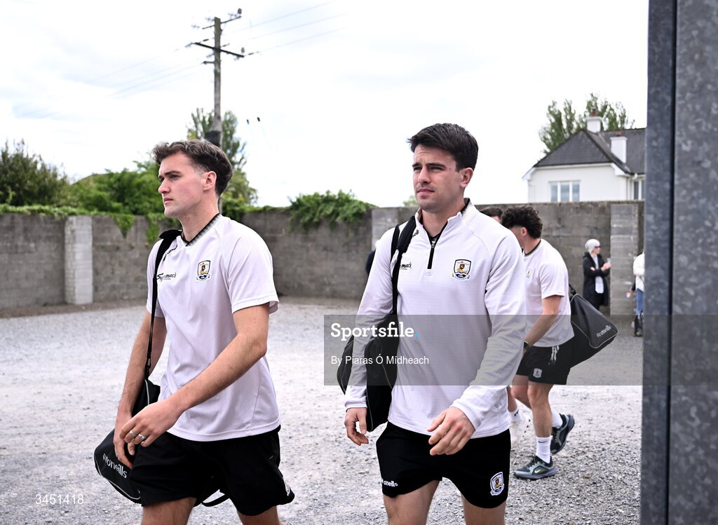 10 May 2026; Galway footballers Robert Finnerty, left, and Seán Kelly arrive for the Connacht GAA Football Senior Championship final match between Roscommon and Galway at King & Moffatt Dr Hyde Park in Roscommon. Photo by Piaras Ó Mídheach/Sportsfile