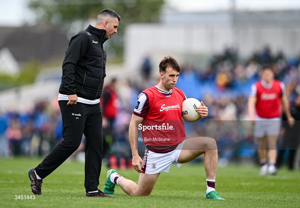 10 May 2026; Galway selector Ray Galligan in conversation with Paul Conroy of Galway before the Connacht GAA Football Senior Championship final match between Roscommon and Galway at King & Moffatt Dr Hyde Park in Roscommon. Photo by Ben McShane/Sportsfile